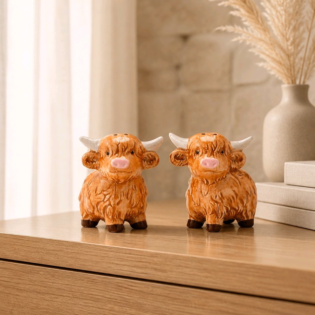 Highland cow salt and pepper shakers on a shelf, orange-brown ceramic pair