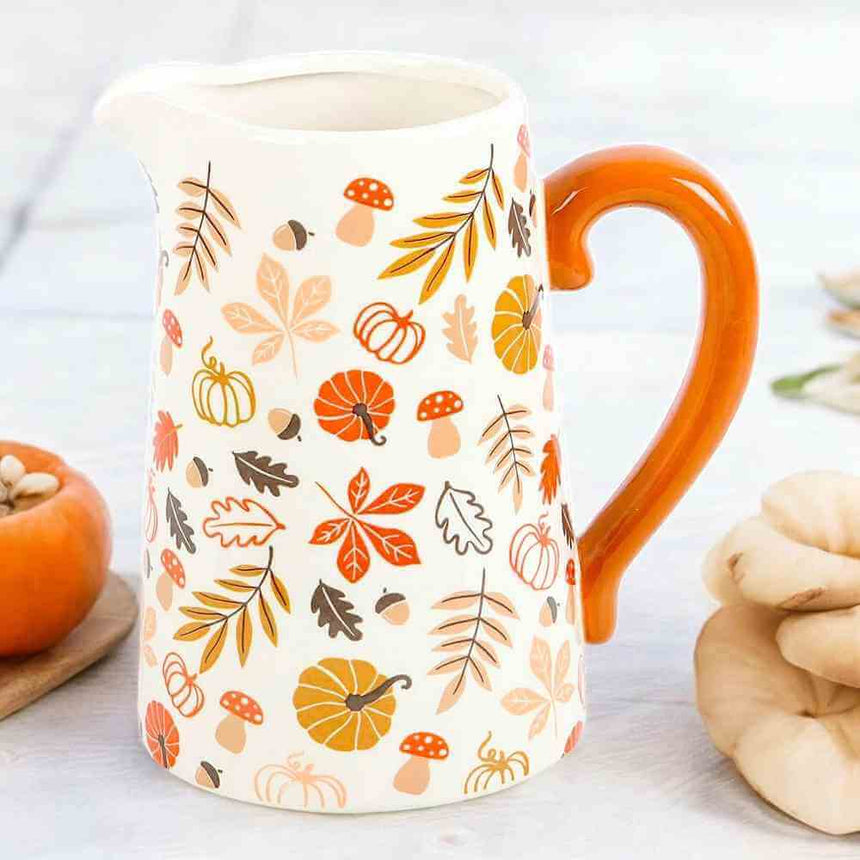 The Fashion Gift Shop: 17cm Autumn Leaves and Pumpkins Mushrooms Ceramic Jug by Jones Home & Gifts, Flower Jugs