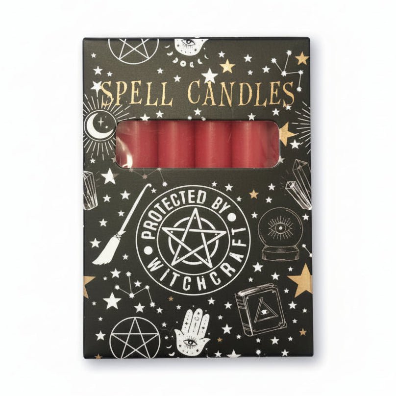 Pack of spell candles with witchcraft-themed packaging on a white background