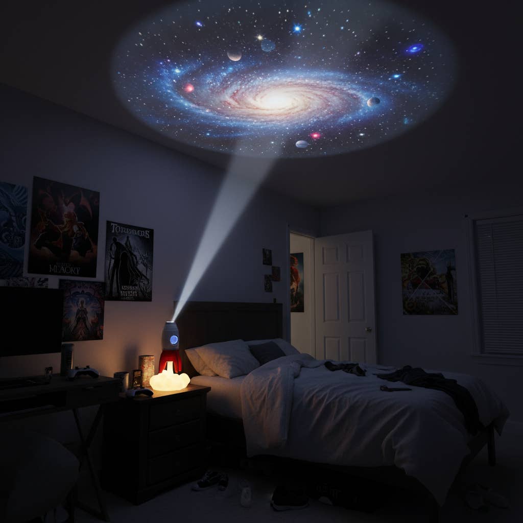 Rocket children’s night light and ceiling projector glowing in bedroom