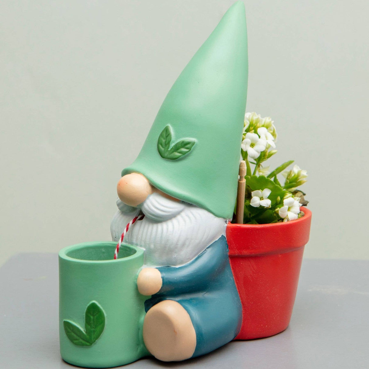 Self-watering gnome plant pot with green cup, red planter, blue body and white beard.