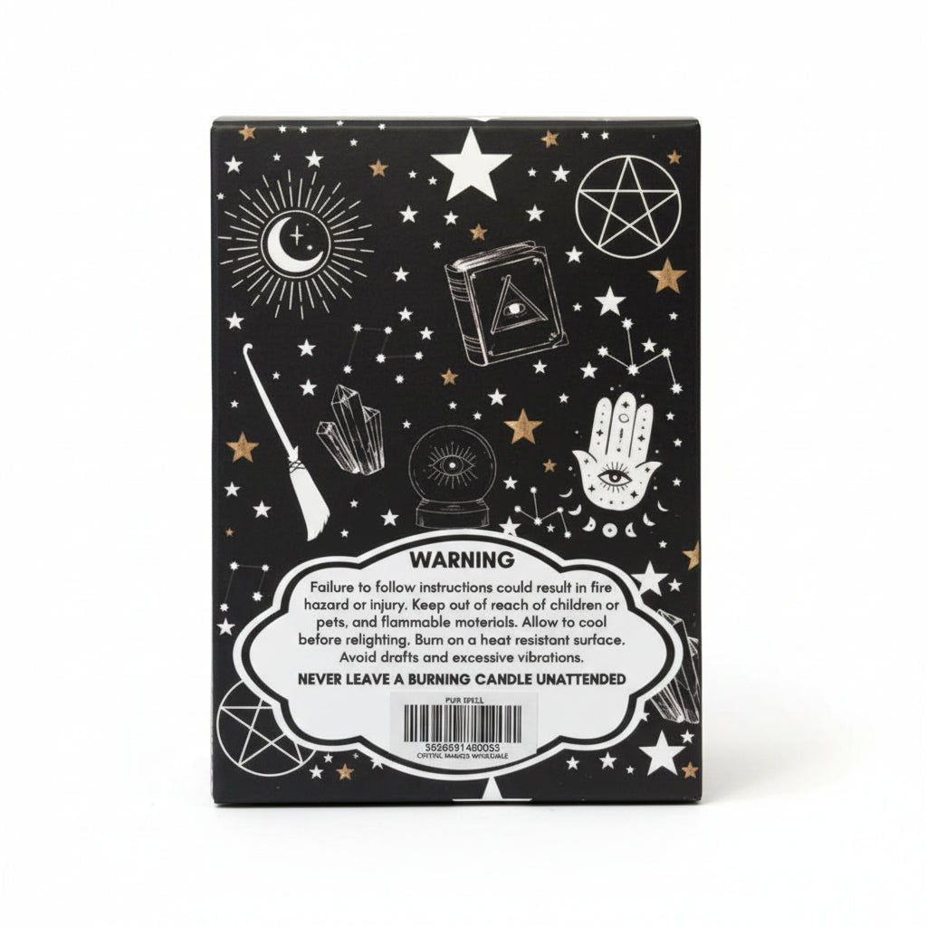 Spell candles box back with warning label and mystical symbols on black
