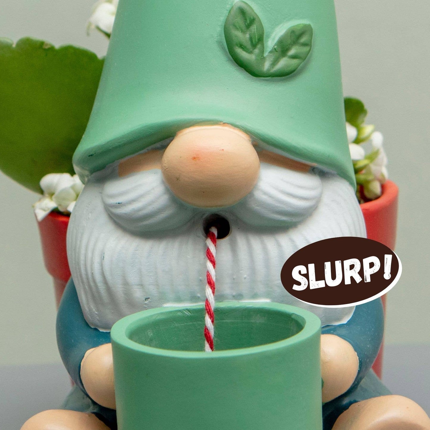 Self-watering gnome plant pot close-up with green cup, red-white rope wick, white beard.