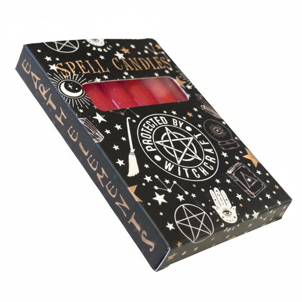 Spell candles pack in black box, angled view with window showing red candles