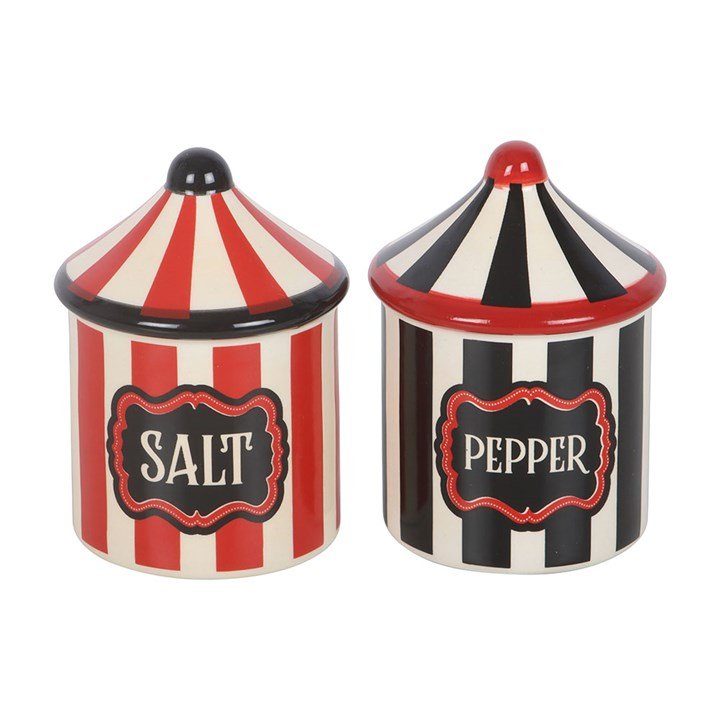 Circus tent salt shaker with red-and-white stripes, black lid, labeled SALT
