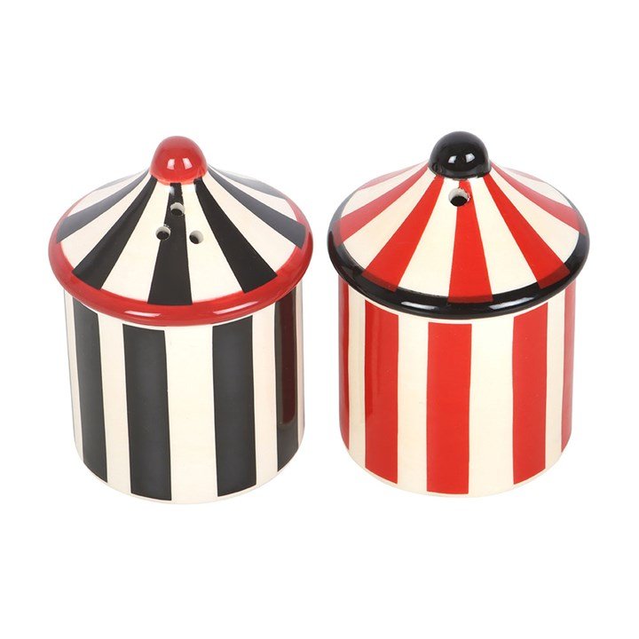 Circus tent pepper shaker with red-and-white and black stripes, labeled PEPPER
