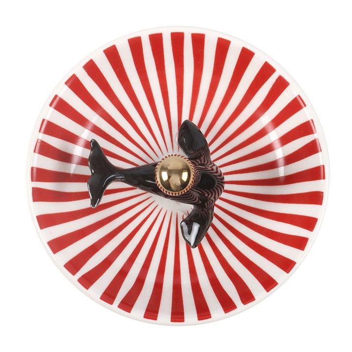 Round red-and-white striped trinket dish with black seal and gold dome cap