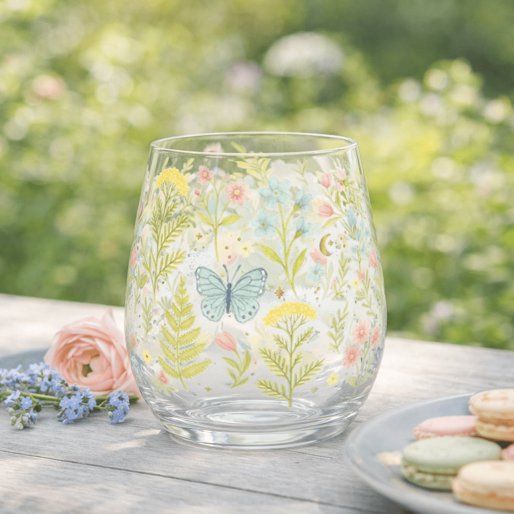 Decorative glass with floral and butterfly design on a wooden table with flowers and macarons.
