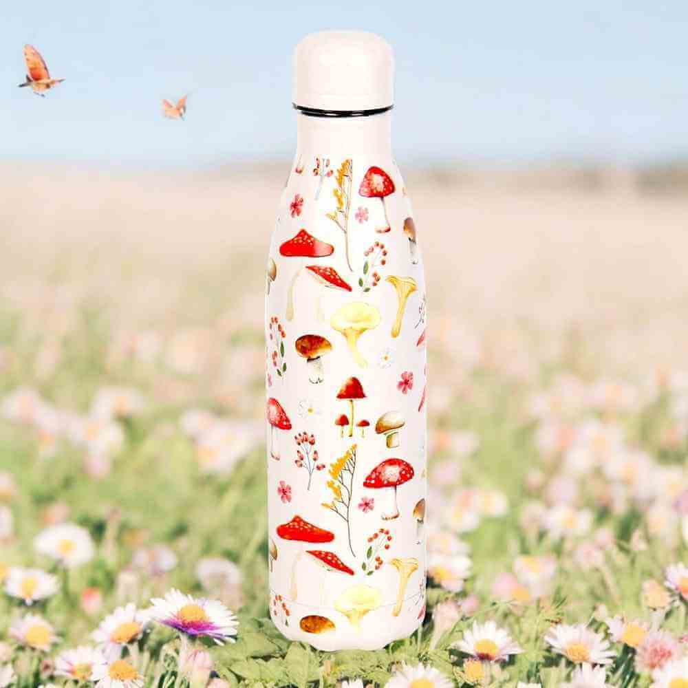 The Fashion Gift Shop: All Over Mushroom Print Metal 500ml Water Bottle Stylish by Spirit of equinox, Water Bottles