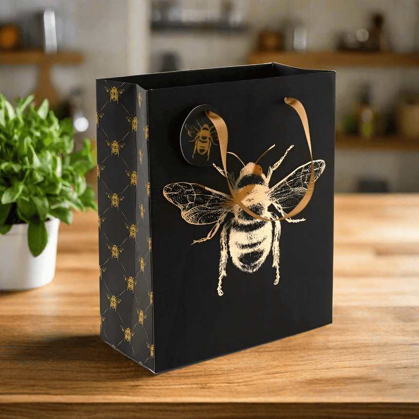 The Fashion Gift Shop: Bee Design Gift Bag with Gold Ribbon Handles & Gift Tag by Sil, Gift Bag