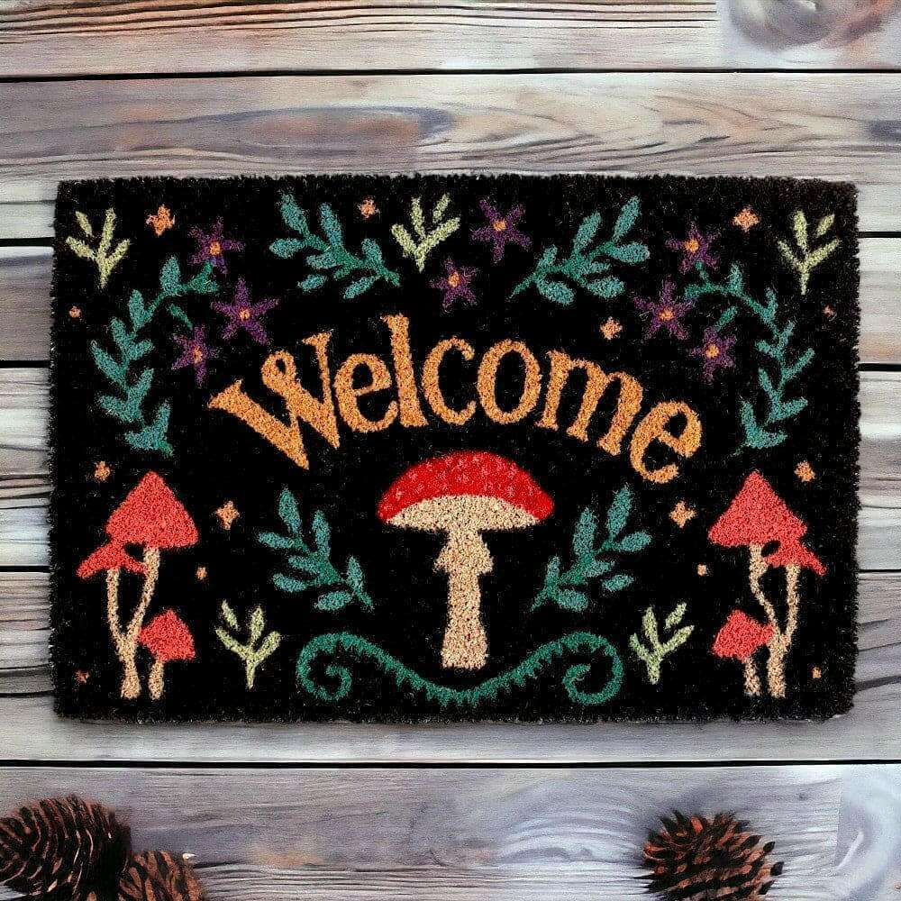 Dark Forest Black Mushroom Welcome Mystical Mushroom Doormat Indoor Use by Spirit of equinox