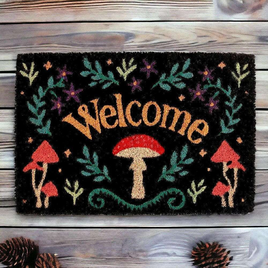 The Fashion Gift Shop: Dark Forest Black Mushroom Welcome Mystical Mushroom Doormat Indoor Use by Spirit of equinox, Door Mats