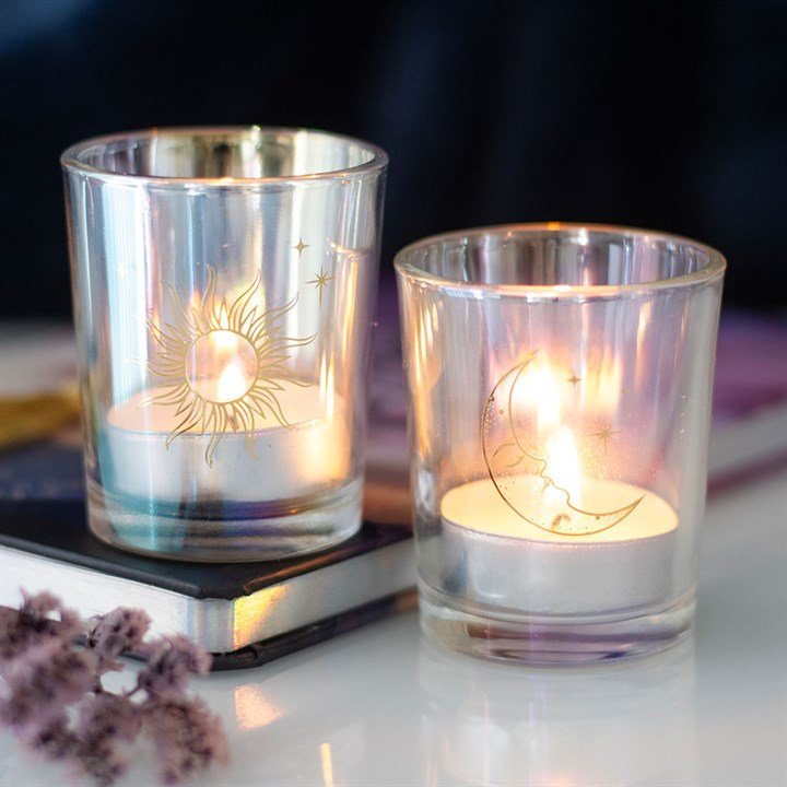 Charming Iridescent Sun and Moon Votive Candle Holders for Your Tea Lights by Mindful Frog