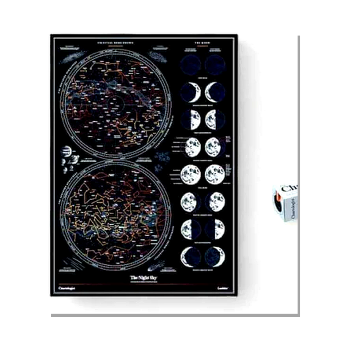 Starry night sky map with constellations and moon phases on a white background