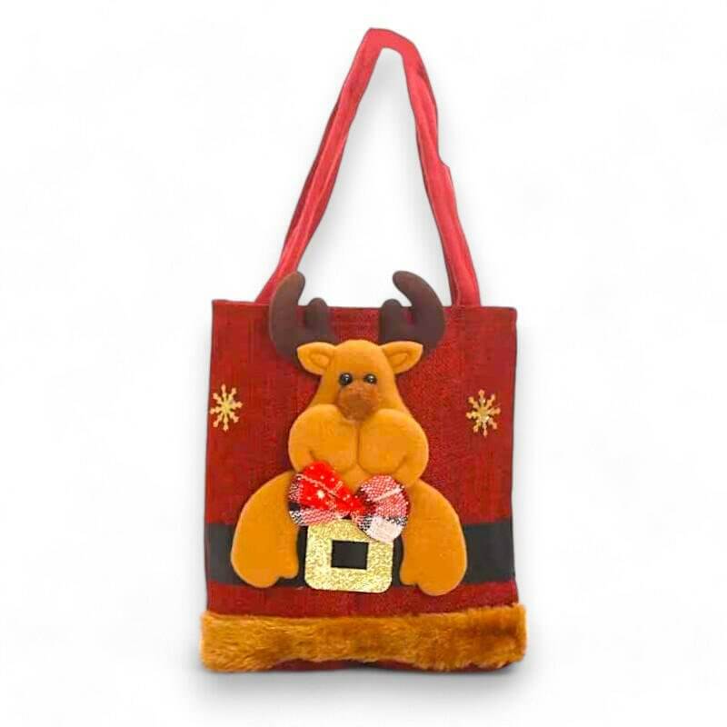 Red felt Christmas gift tote bag with reindeer holding bow and candy cane applique