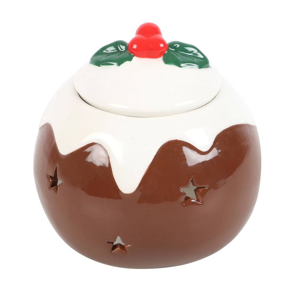 Christmas Pudding Oil Burner, Wax Melt Warmer, Holly Leaf, Red Cherry