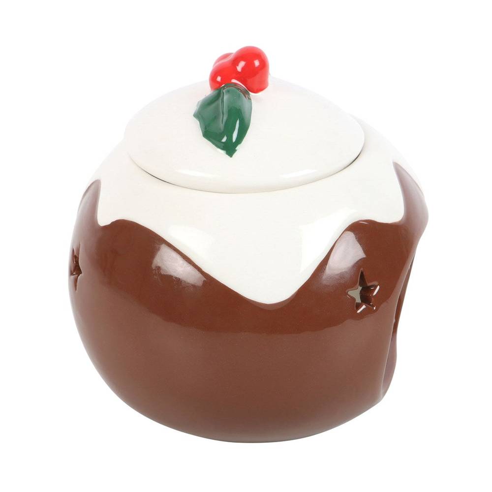 Christmas Pudding Oil Burner, Wax Melt Warmer, Holly Leaf, Red Cherry