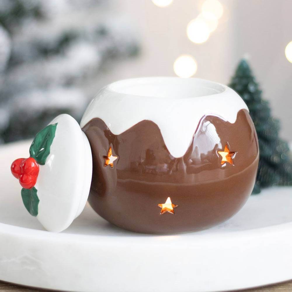 Christmas Pudding Oil Burner, Wax Melt Warmer, Holly Leaf, Red Cherry
