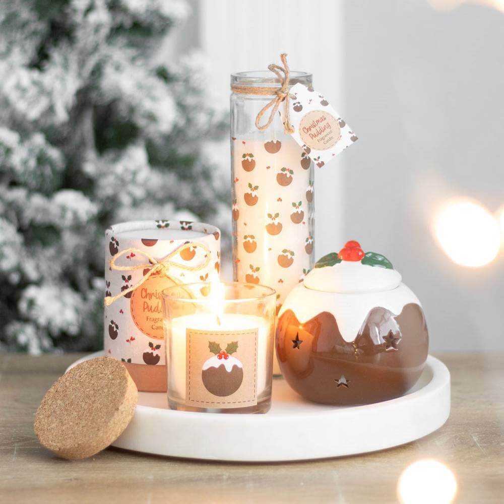 Christmas Pudding Oil Burner, Wax Melt Warmer, Holly Leaf, Red Cherry