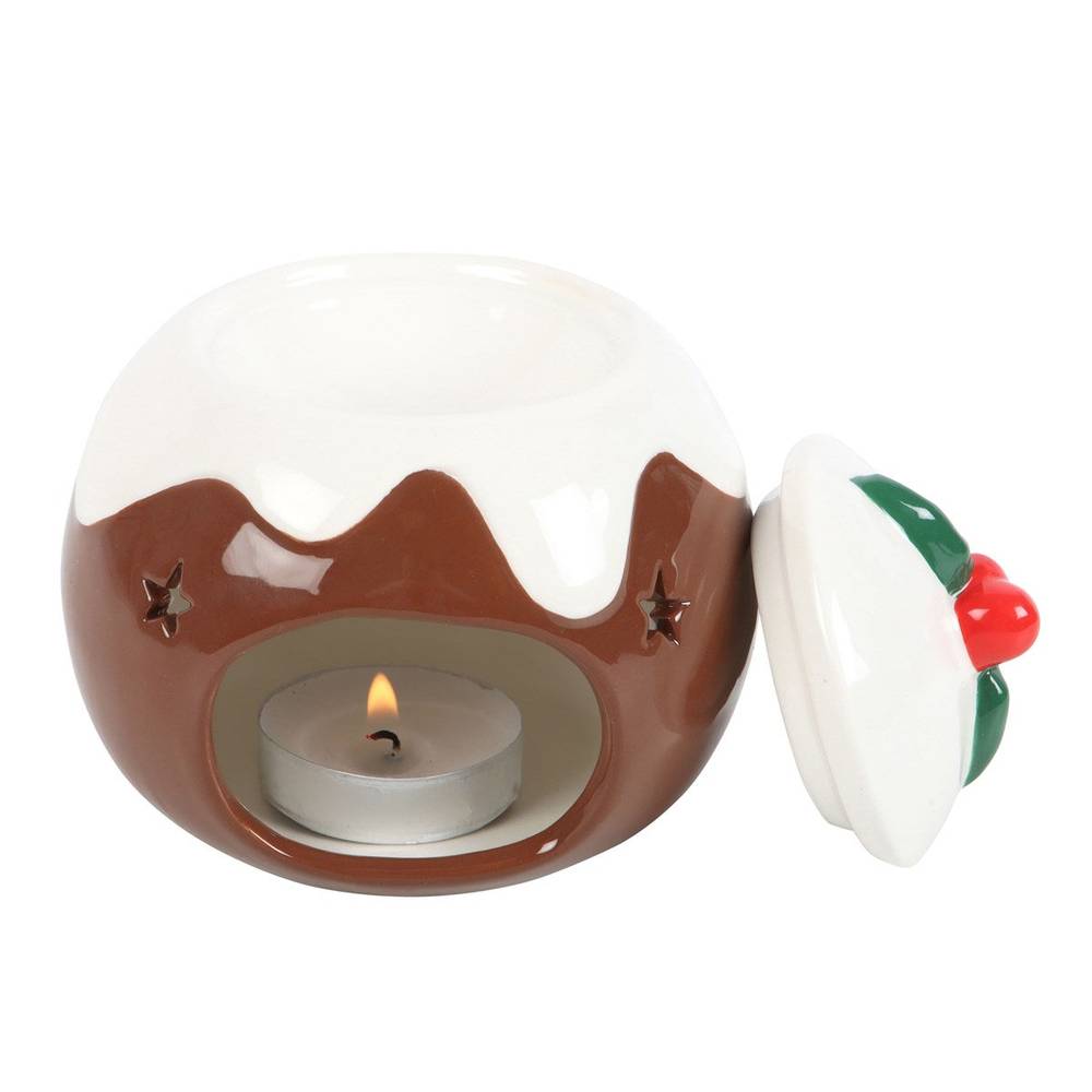 Christmas Pudding Oil Burner, Wax Melt Warmer, Holly Leaf, Red Cherry