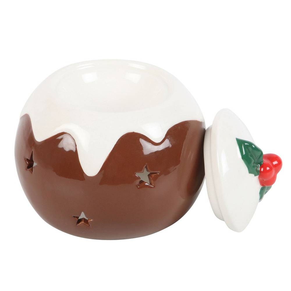 Christmas Pudding Oil Burner, Wax Melt Warmer, Holly Leaf, Red Cherry