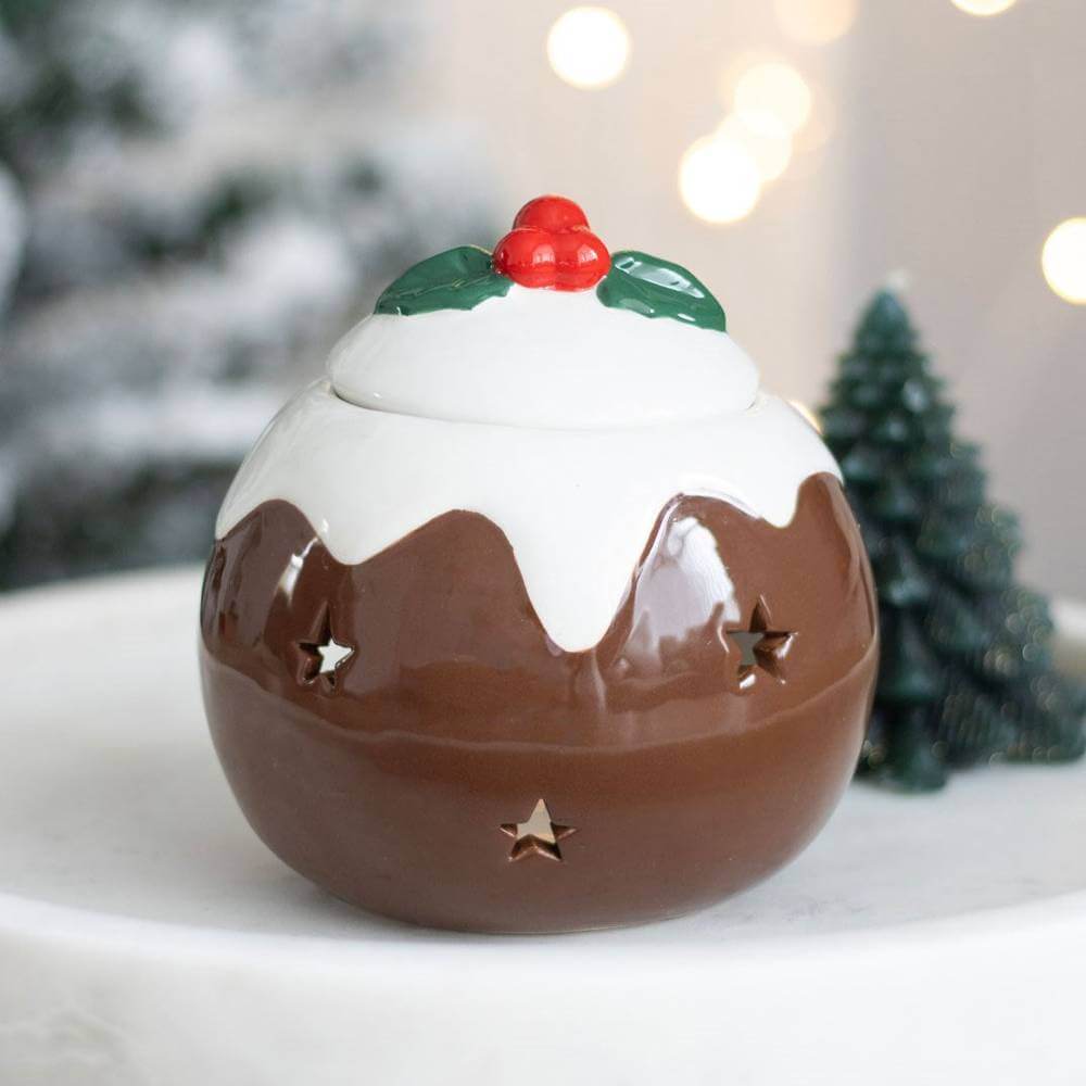 Christmas Pudding Oil Burner, Wax Melt Warmer, Holly Leaf, Red Cherry