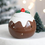 Christmas Pudding Oil Burner, Wax Melt Warmer, Holly Leaf, Red Cherry