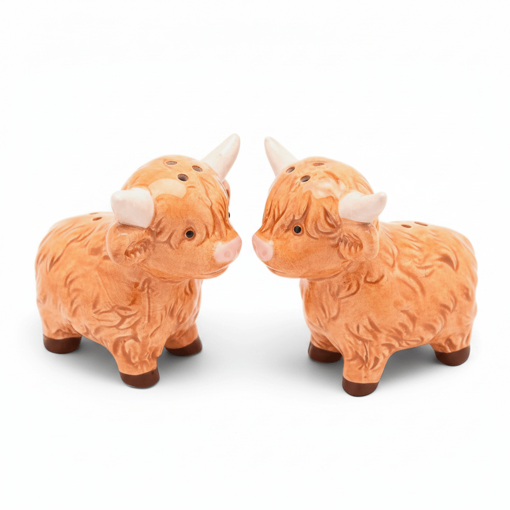 Highland cow salt and pepper shakers facing each other, orange-brown ceramic