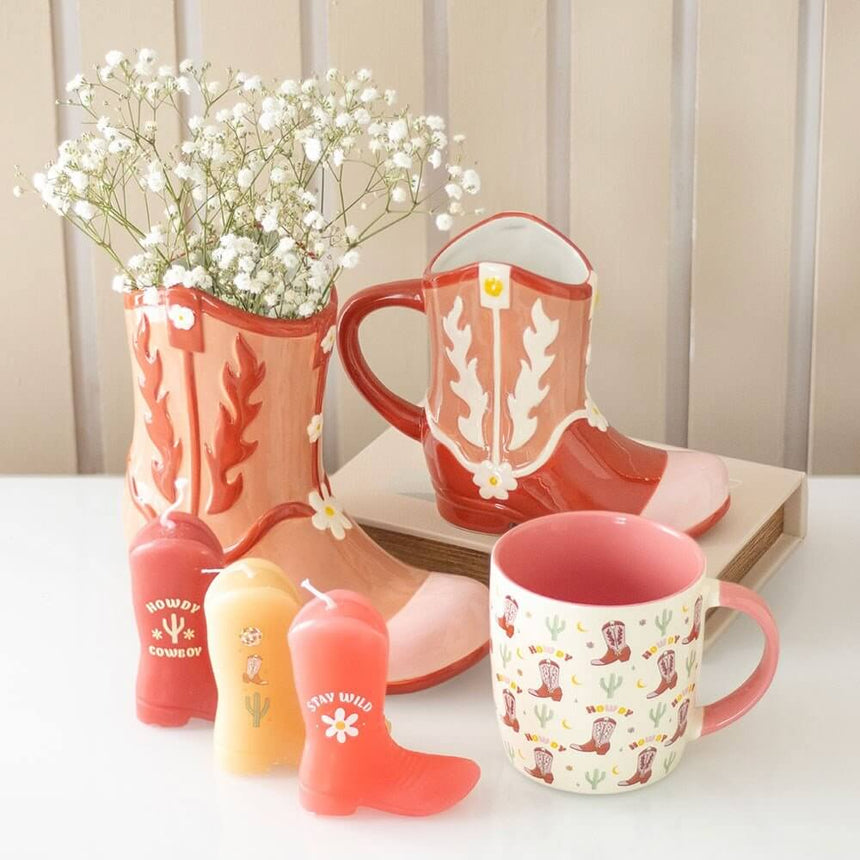 The Fashion Gift Shop: Coral Pink Cowboy Boot Flower Vase, Ideal for Cowgirls at Heart by Jones Home & Gifts, Flower Jugs