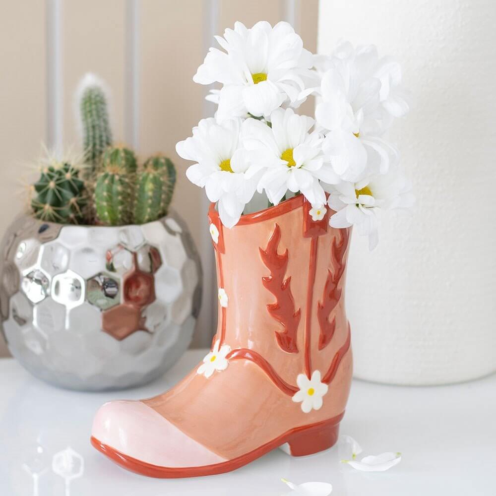 The Fashion Gift Shop: Coral Pink Cowboy Boot Flower Vase, Ideal for Cowgirls at Heart by Jones Home & Gifts, Flower Jugs