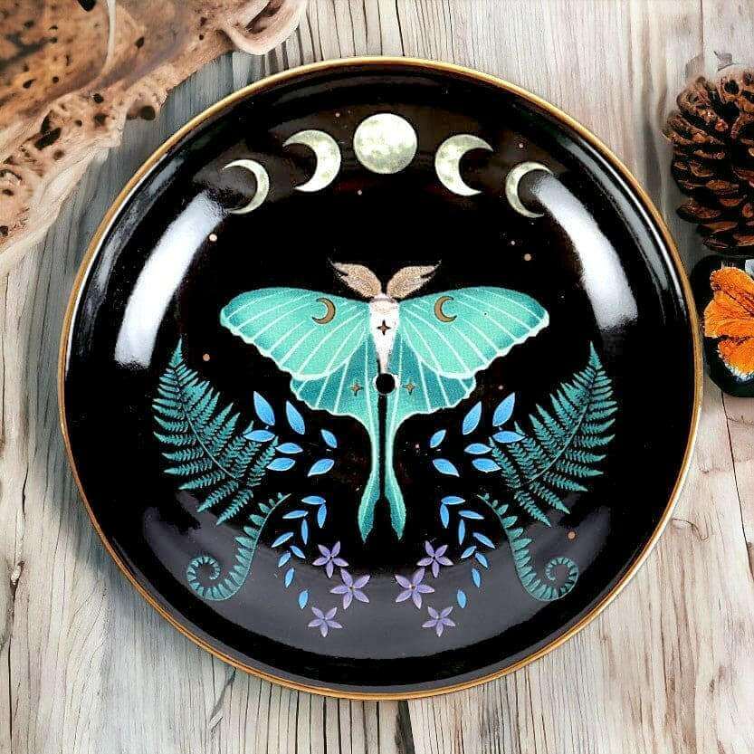 The Fashion Gift Shop: Dark Forest Luna Moth Ceramic Incense Plate Holder 9cm by Spirit of equinox, Incense Holders
