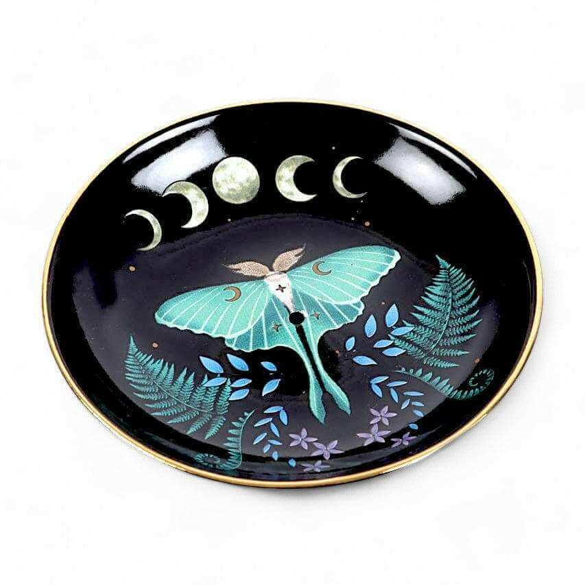 The Fashion Gift Shop: Dark Forest Luna Moth Ceramic Incense Plate Holder 9cm by Spirit of equinox, Incense Holders