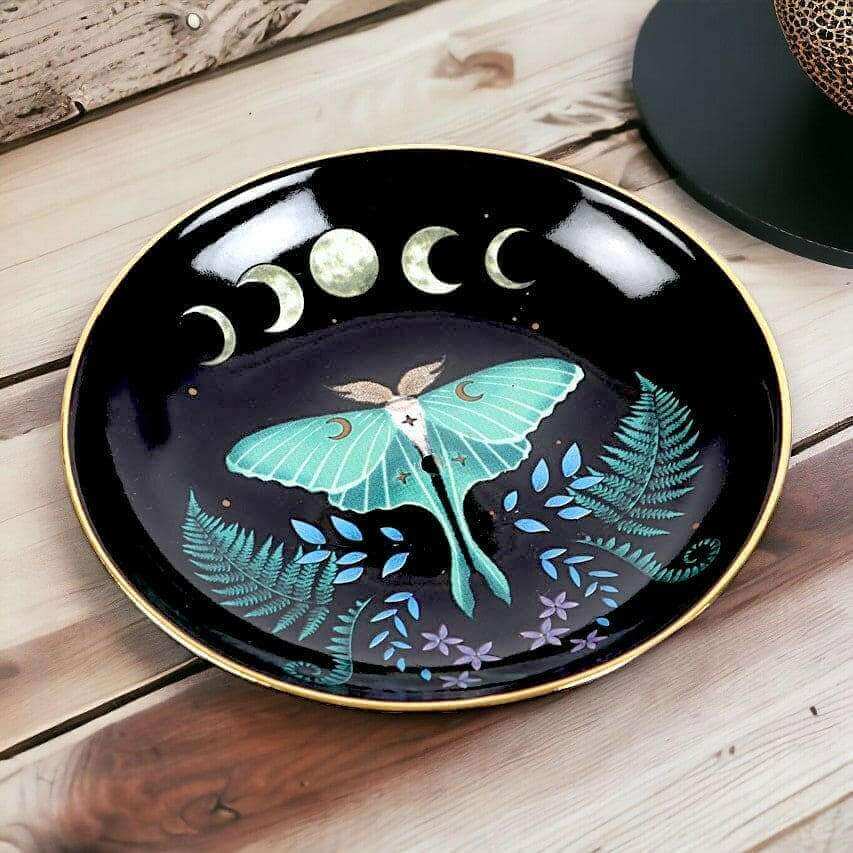 The Fashion Gift Shop: Dark Forest Luna Moth Ceramic Incense Plate Holder 9cm by Spirit of equinox, Incense Holders