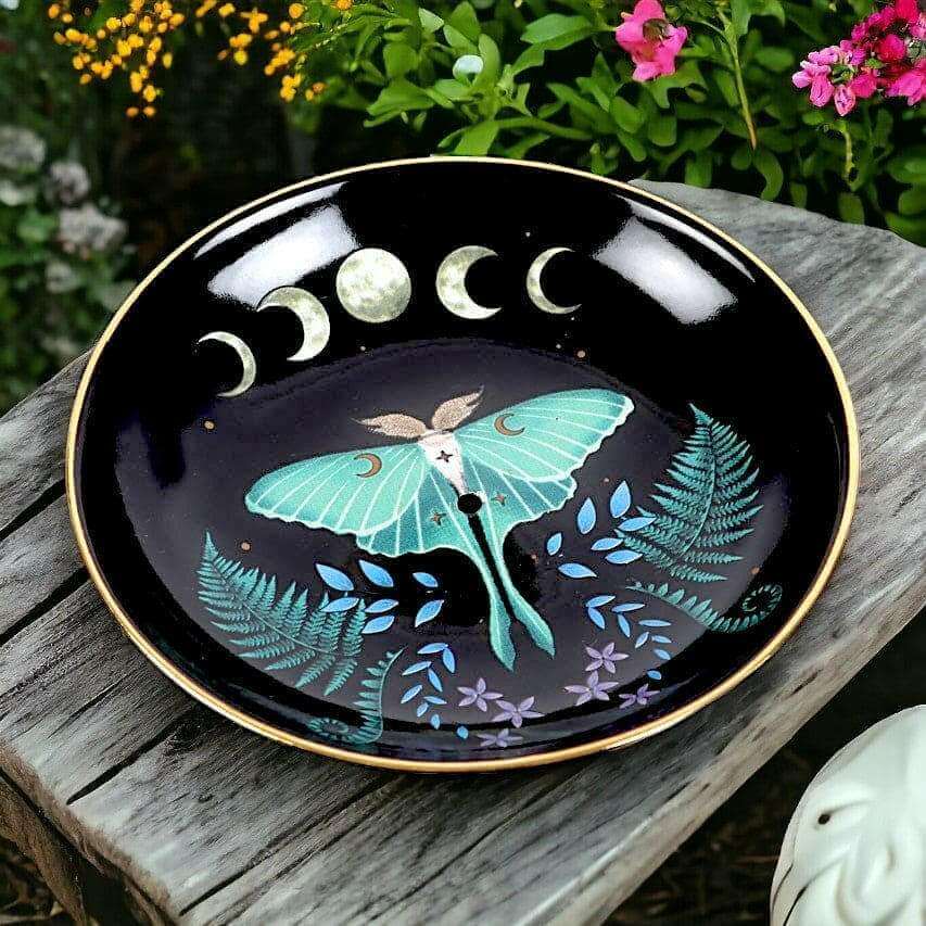 The Fashion Gift Shop: Dark Forest Luna Moth Ceramic Incense Plate Holder 9cm by Spirit of equinox, Incense Holders