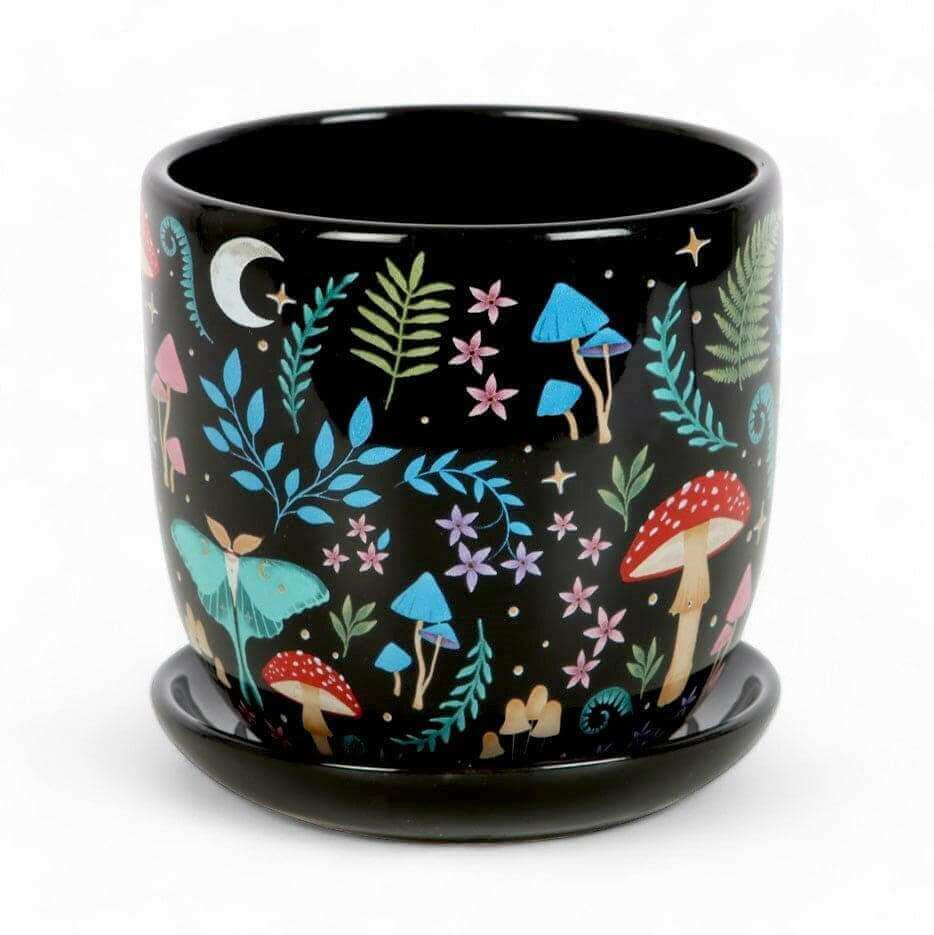 Dark Forest Print Ceramic Plant Pot with Saucer 11cm by Spirit of equinox