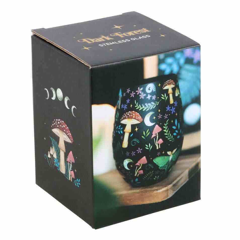 The Fashion Gift Shop: Dark Forest Print Stemless Wine Glass Gin Tumbler 500ml by Spirit of equinox, Stemless Wine Glass