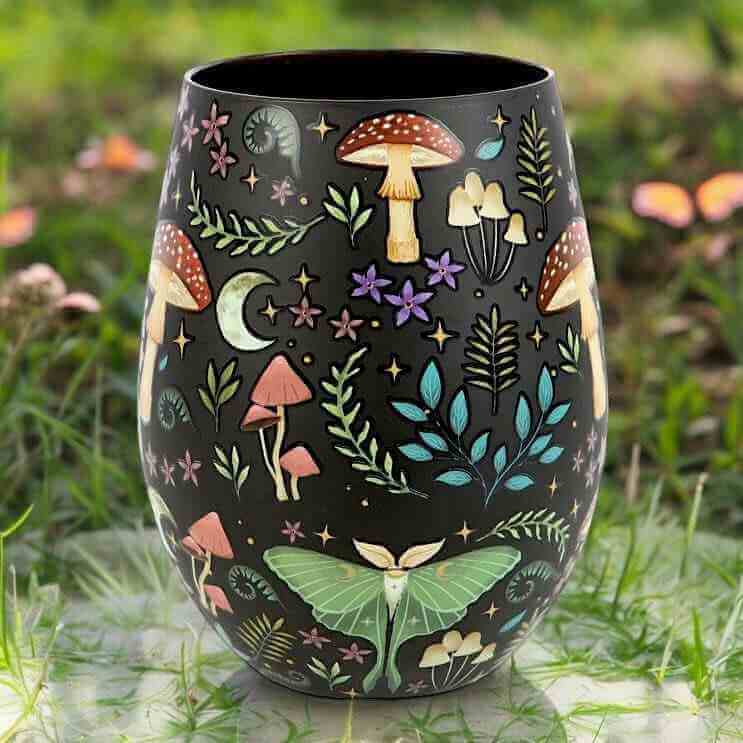 The Fashion Gift Shop: Dark Forest Print Stemless Wine Glass Gin Tumbler 500ml by Spirit of equinox, Stemless Wine Glass