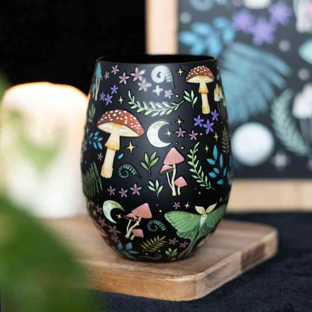 The Fashion Gift Shop: Dark Forest Print Stemless Wine Glass Gin Tumbler 500ml by Spirit of equinox, Stemless Wine Glass