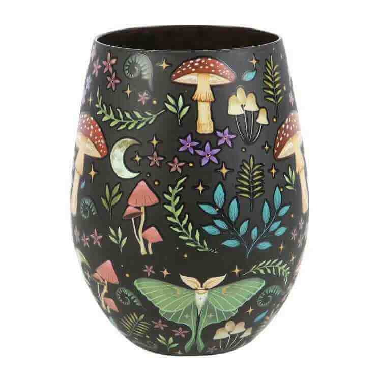 The Fashion Gift Shop: Dark Forest Print Stemless Wine Glass Gin Tumbler 500ml by Spirit of equinox, Stemless Wine Glass