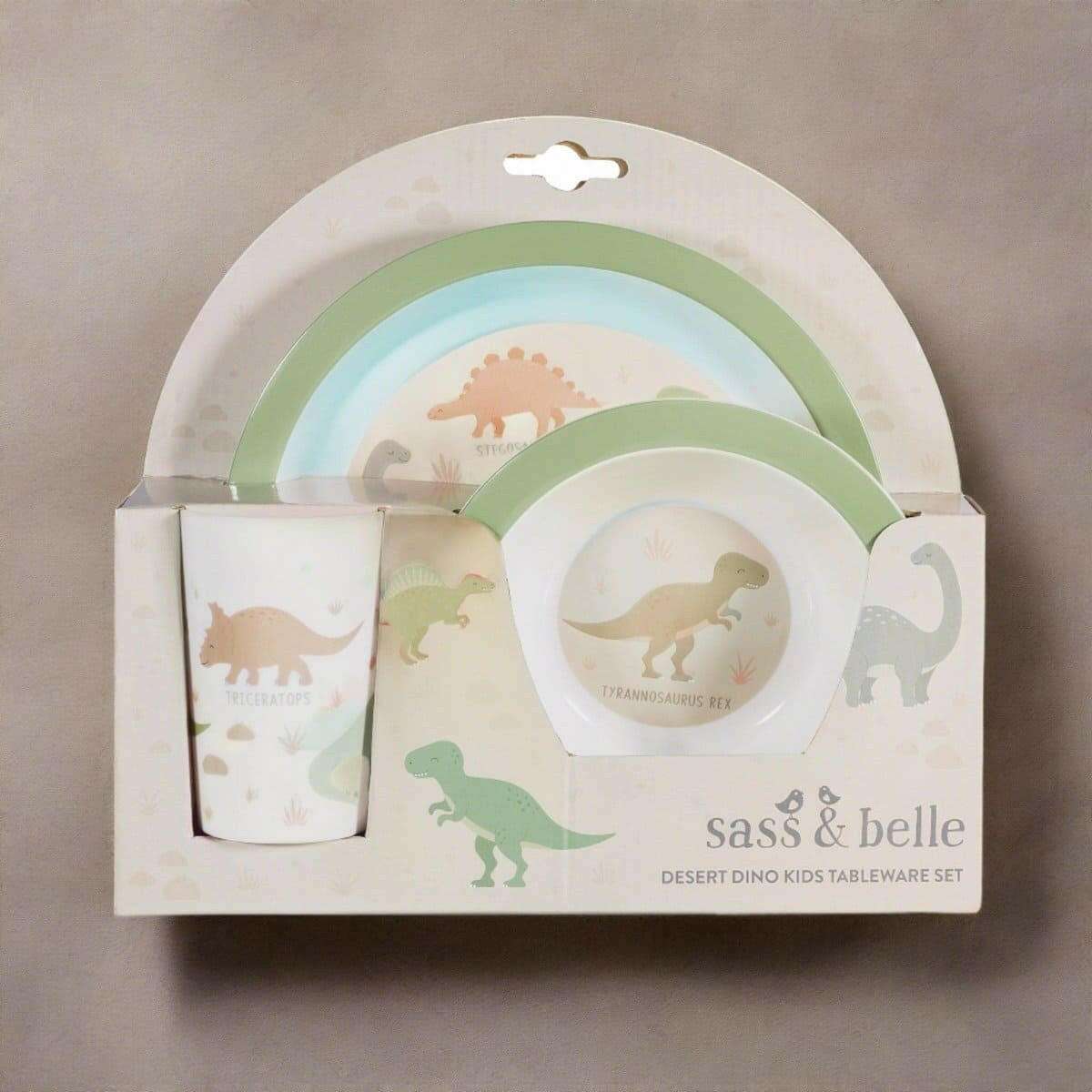 Kids dinosaur tableware set by Sass & Belle, boxed with plate, bowl, and cup