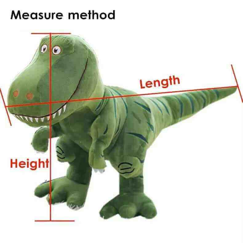 Green T-rex plush toy with length and height measurement arrows