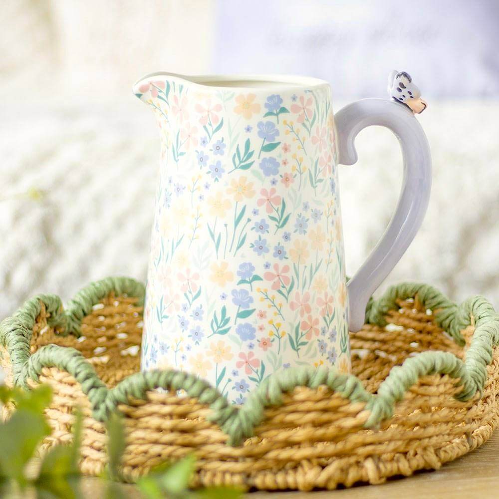 Ditsy Floral Print Spring Garden Ceramic Flower Jug with 3D Butterfly by Jones Home & Gifts