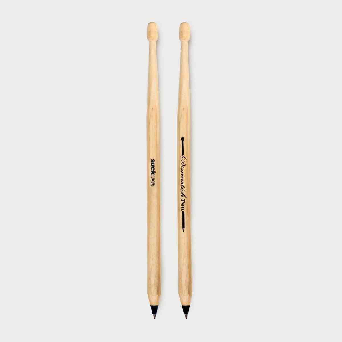 Set of 2 drumstick-shaped pens with natural wood bodies and black tips, black ink