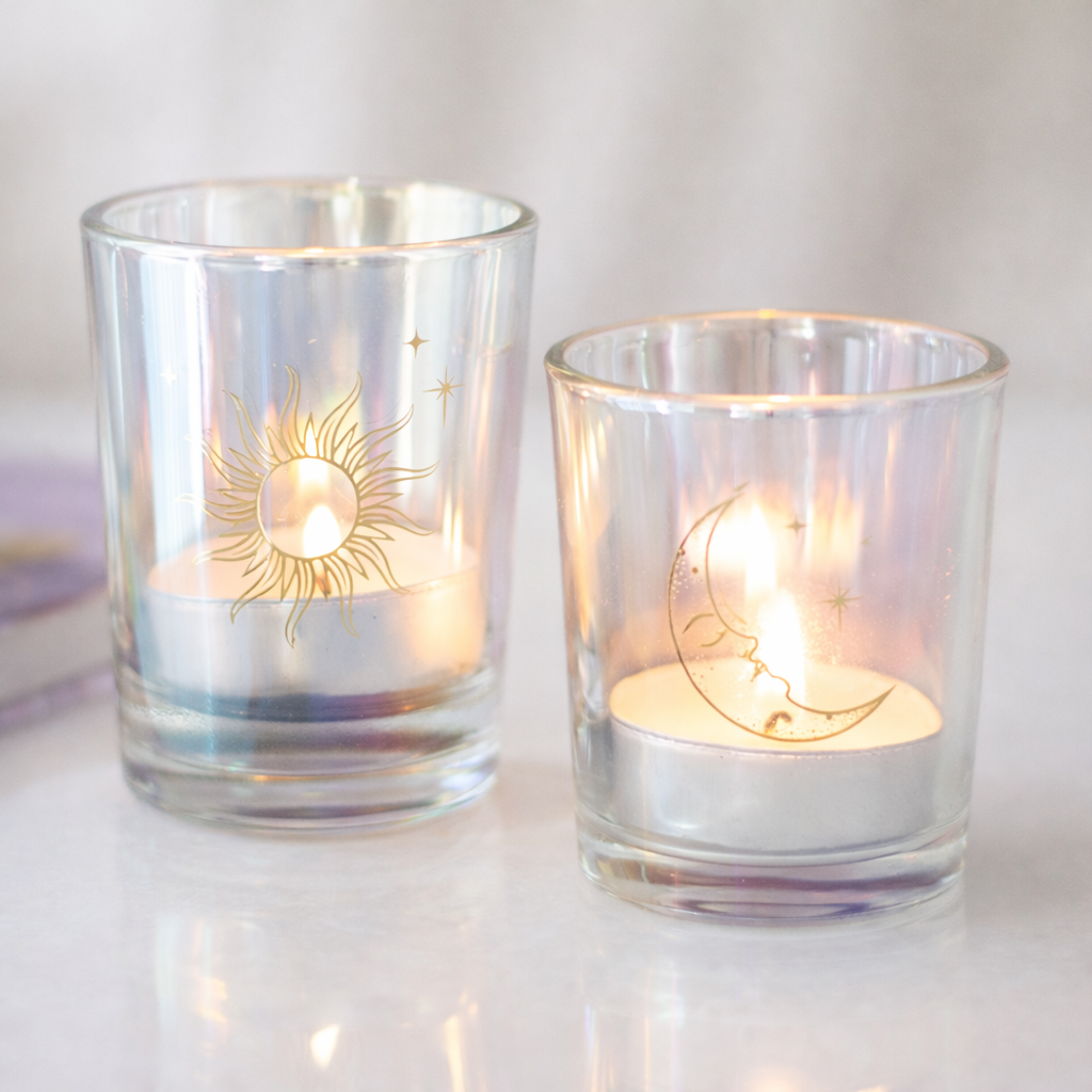 Iridescent Sun and Moon Tea Light Candle Holders – Celestial Glass Votives