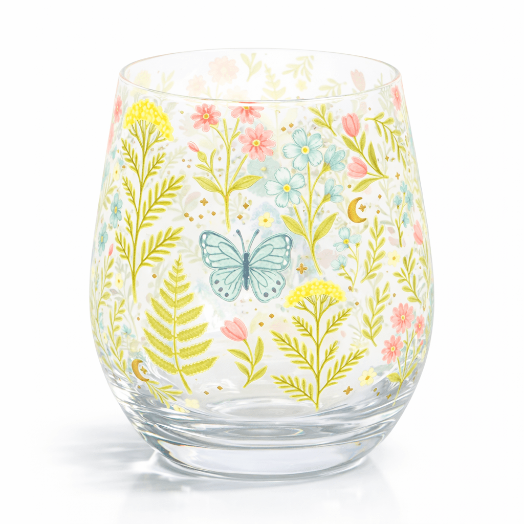 Luna Bloom floral stemless glass with butterfly design in matching gift box