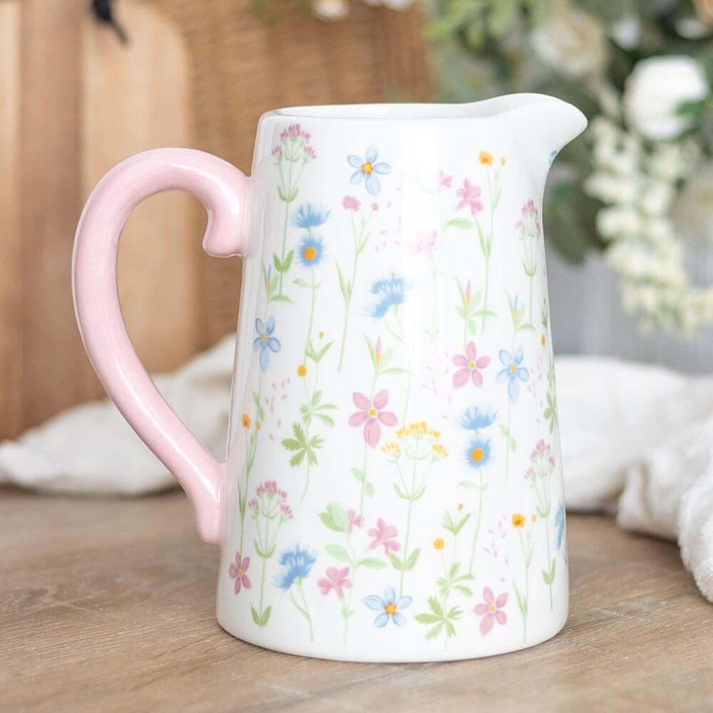 Floral Print Ceramic Flower Jug with Pale Pink Handle, Mothers Day, Teachers Gift by Jones Home & Gifts
