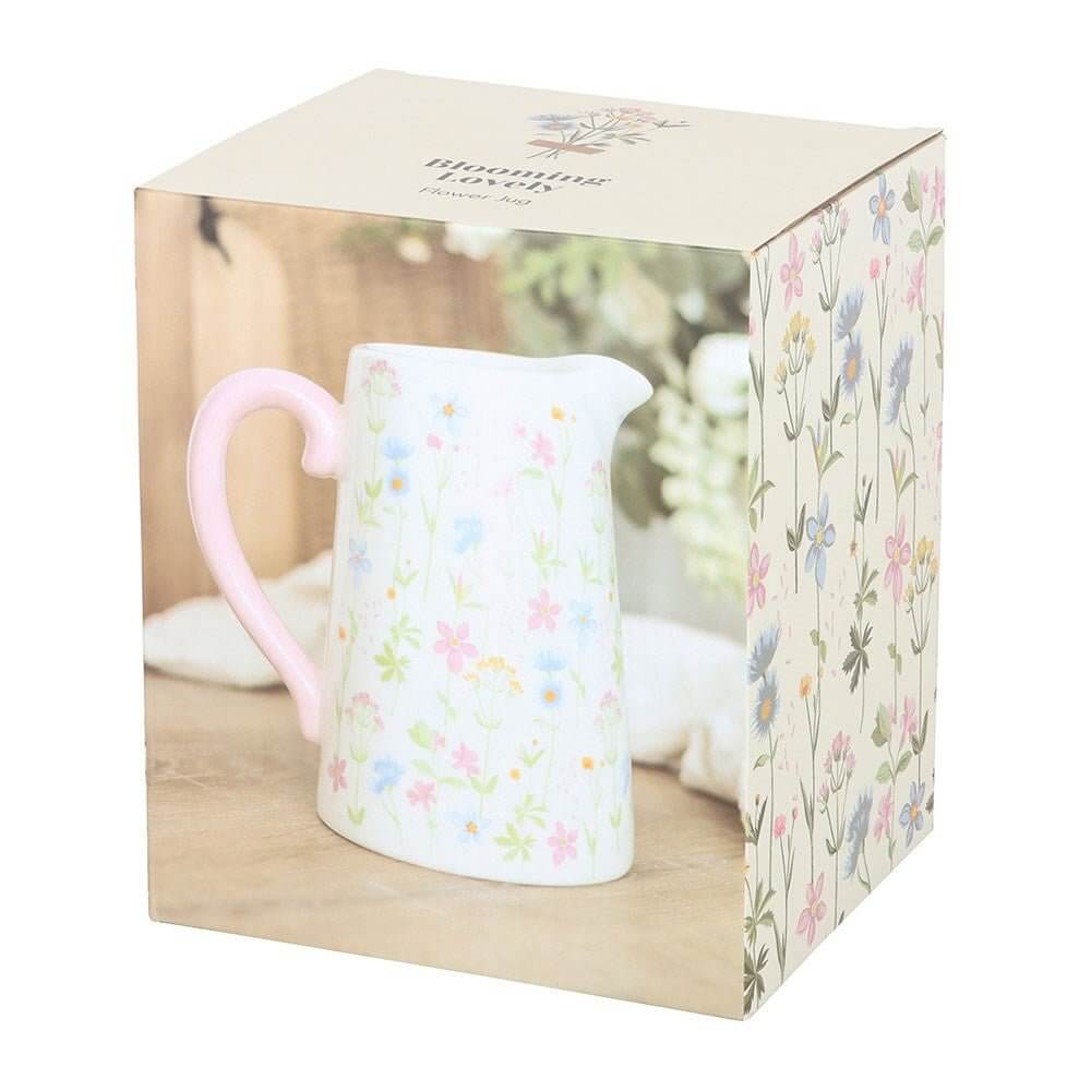 Floral Print Ceramic Flower Jug with Pale Pink Handle, Mothers Day, Teachers Gift by Jones Home & Gifts