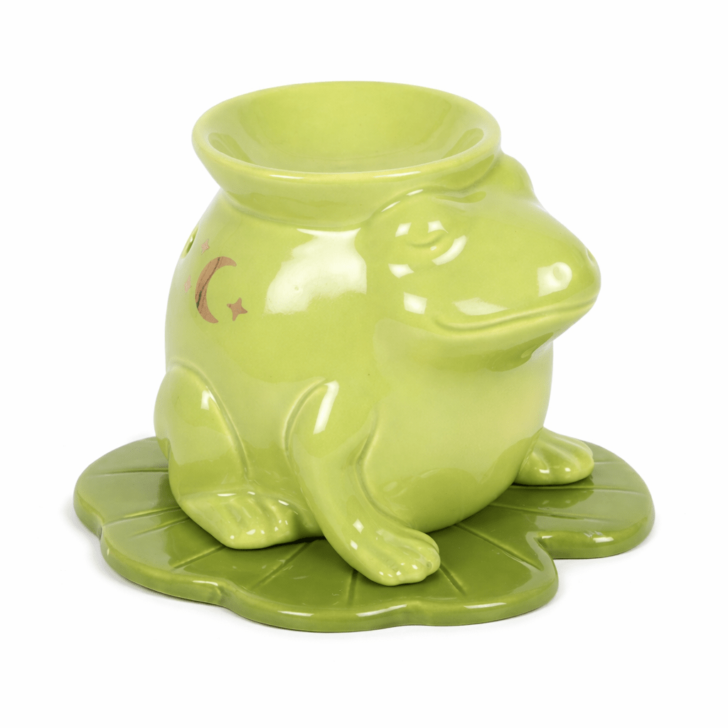 Green frog shaped ceramic oil burner and wax melt burner on lily pad base