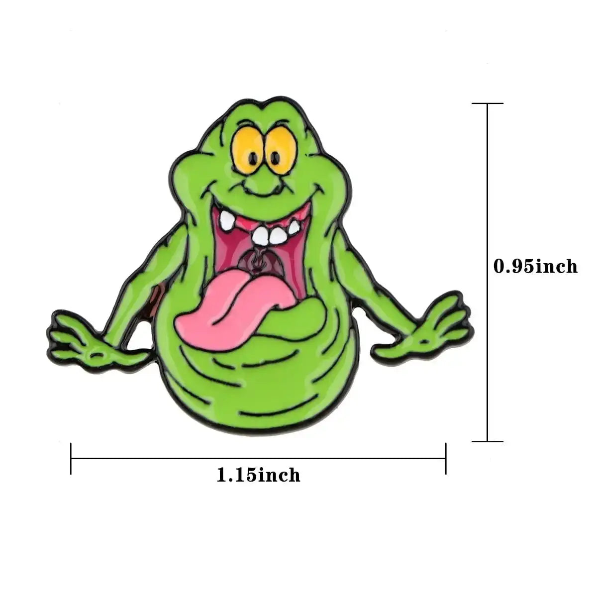 Slimer enamel pin, green ghost character with pink tongue, centered front view