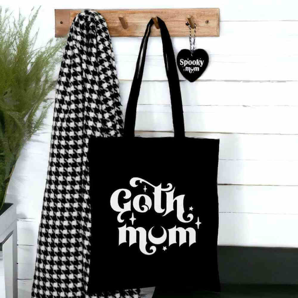 The Fashion Gift Shop: Goth Mum Polycotton Tote Bag Stylish Black Canvas Bag by Spirit of equinox, Lunch Boxes & Totes